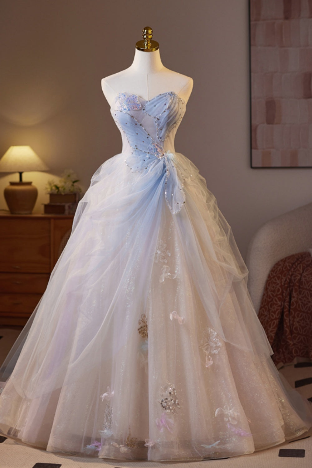 Sweetheart Blue Ruched A-line Prom Dress