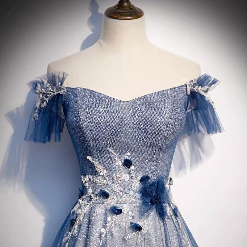 Navy Blue tulle long prom dress blue evening dress