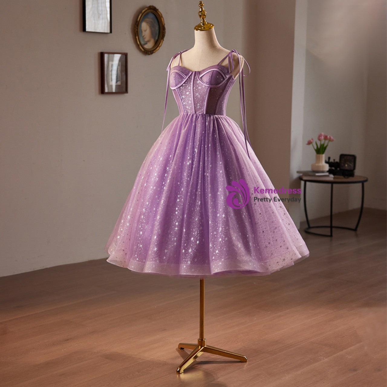 Purple Tulle Spaghetti Straps Tea Length Homecoming Dress, AST1076