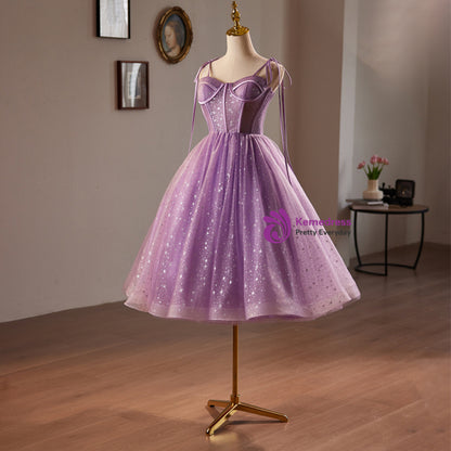 Purple Tulle Spaghetti Straps Tea Length Homecoming Dress, AST1076