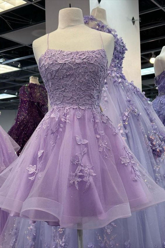 Light  Purple Straps Tulle with Lace Party Dress, Light Purple Homecoming Dress