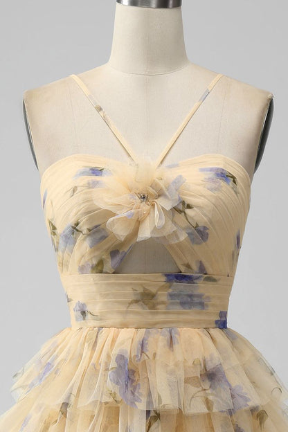 Yellow Print Keyhole Ruffle Tiered Short Homecoming Dress