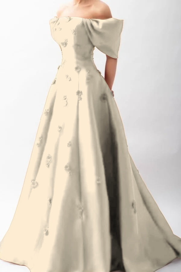 Stunningff-the-Shoulder Prom Dress Sleeveless A-Line Beaded with Flower