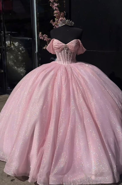 Glitter Pearls Pink Quinceanera Dresses Ball Gowns Sweet 15 16 Birthday Dress, AST1310