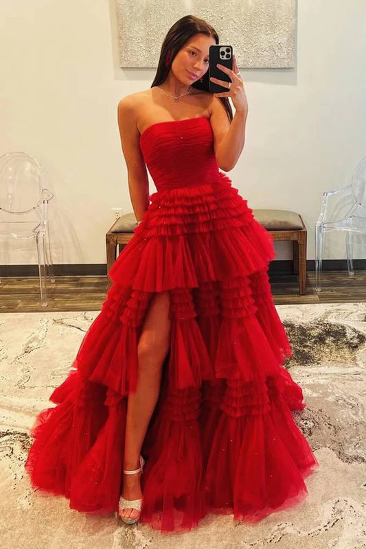 Red Strapless A-Line Tiered Tulle Prom Dress with Slit,AST1229