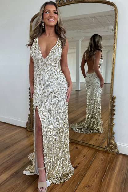 Gorgeous Mermaid V Neck Champagne Sequins Long Prom Dresses with Slit