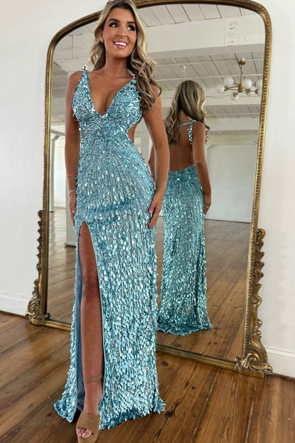 Gorgeous Mermaid V Neck Champagne Sequins Long Prom Dresses with Slit