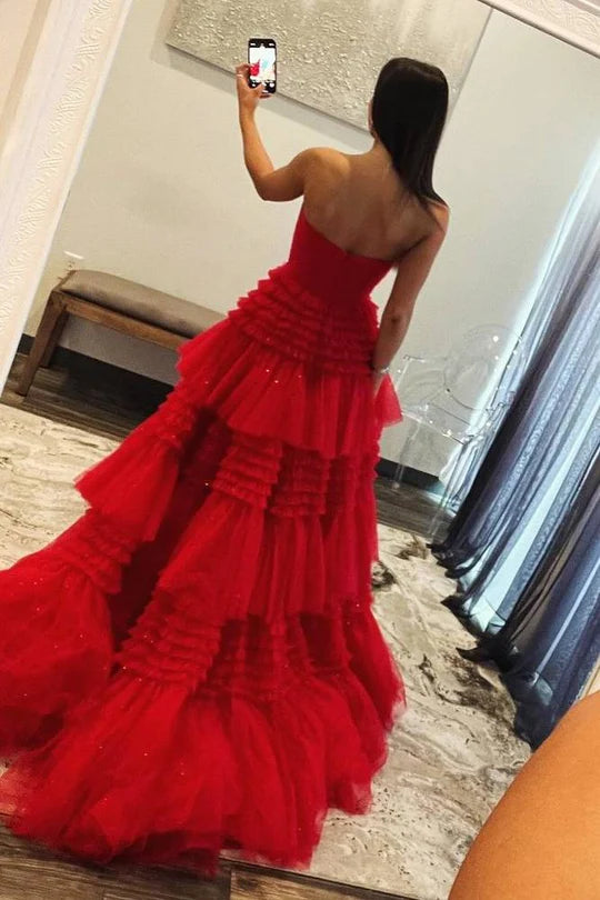 Red Strapless A-Line Tiered Tulle Prom Dress with Slit,AST1229