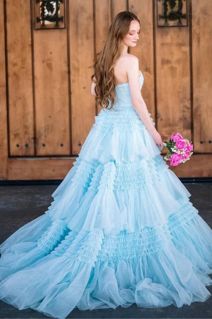 Red Strapless A-Line Tiered Tulle Prom Dress with Slit,AST1229