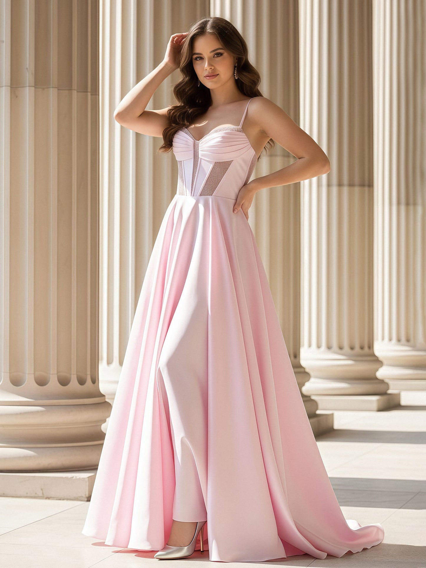 Pleated Sweetheart Neck A-Line Satin Sweep Train Gown Blushing Pink