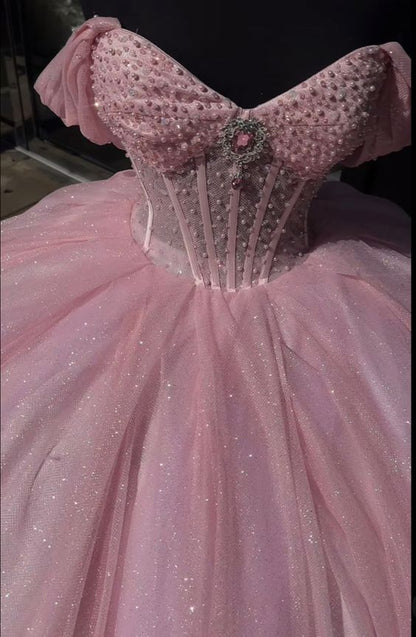 Glitter Pearls Pink Quinceanera Dresses Ball Gowns Sweet 15 16 Birthday Dress, AST1310