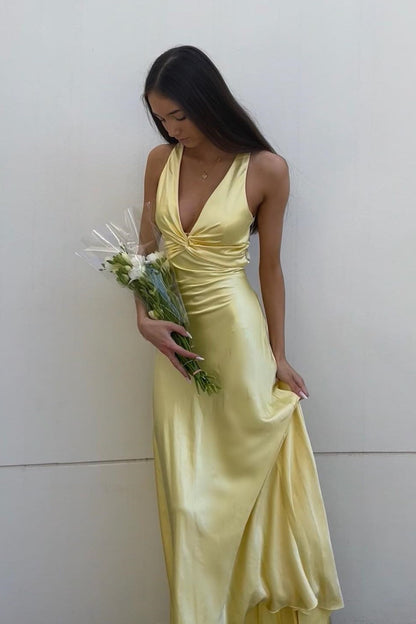 V Neck Yellow Satin Bow Back Party Dress