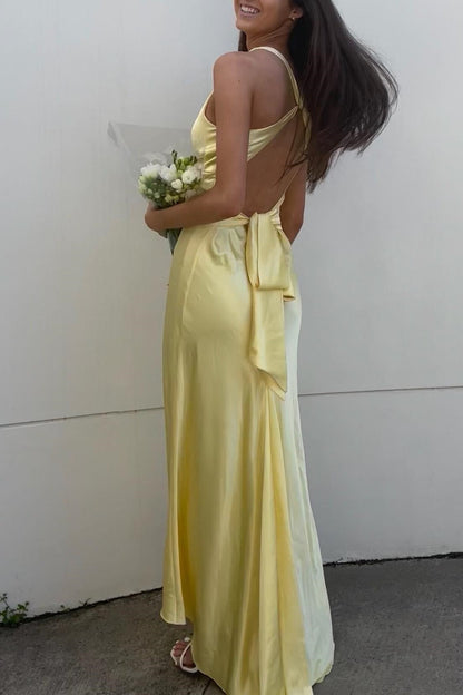 V Neck Yellow Satin Bow Back Party Dress
