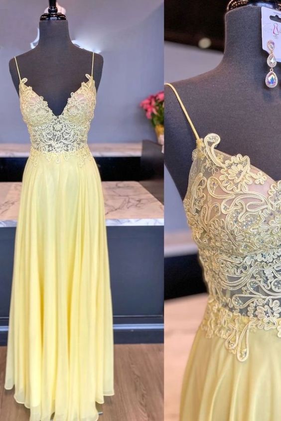 Yellow V-Neck Tulle Long Prom Dress - A-Line Evening Party Gown