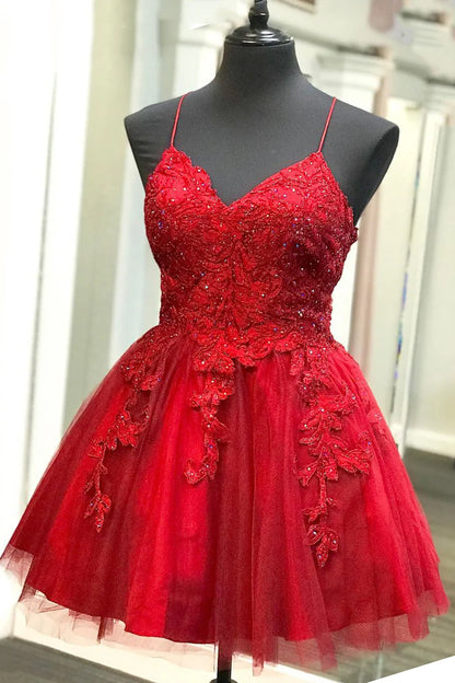 Strappy Lace Appliqued Red Short Homecoming Dress,AST1275