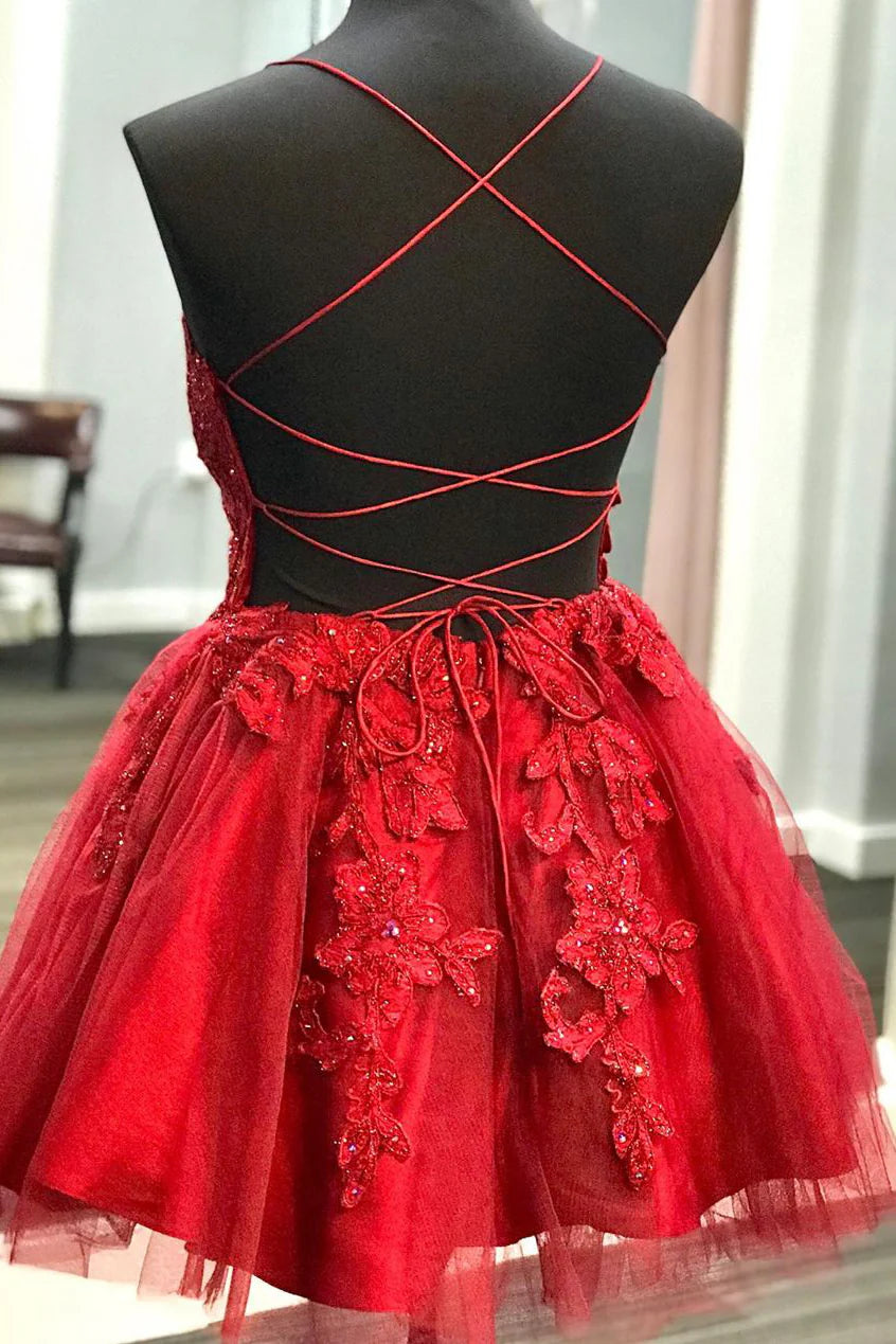 Strappy Lace Appliqued Red Short Homecoming Dress,AST1275