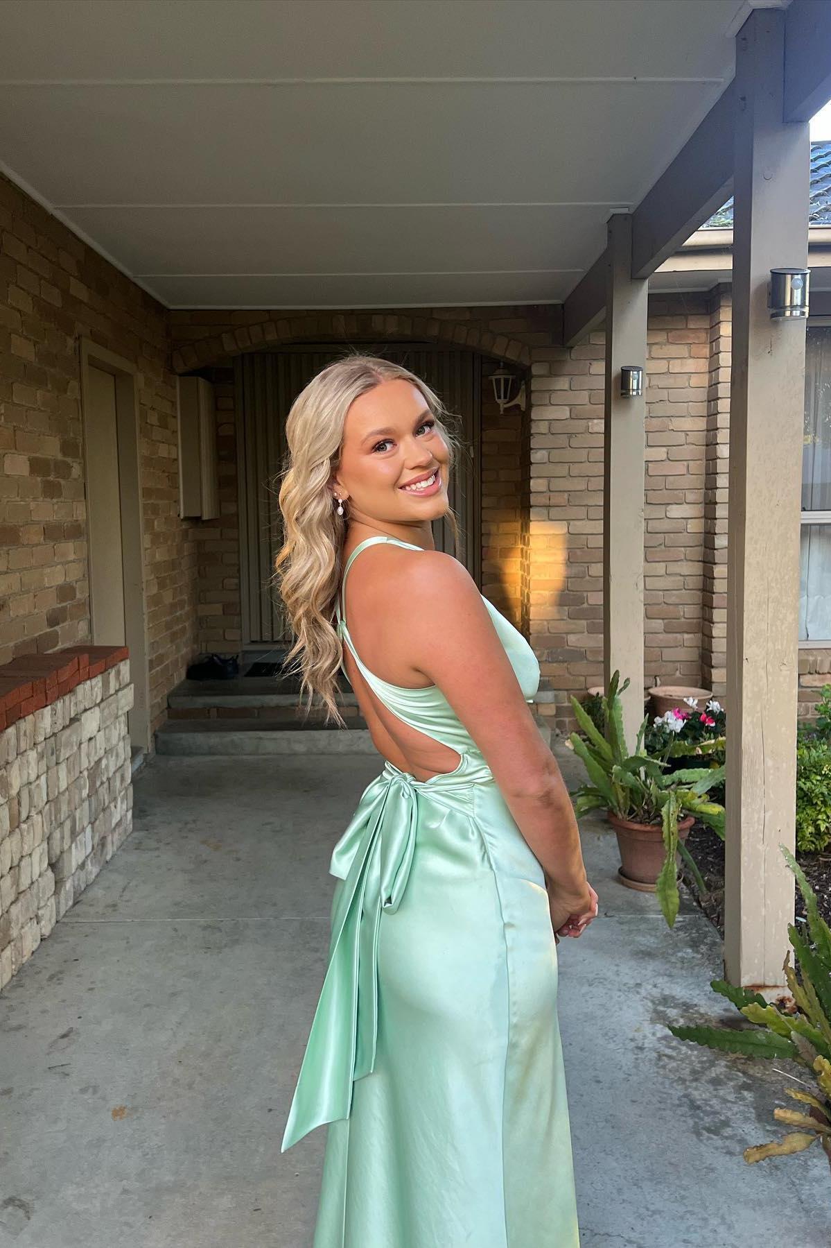 V Neck Yellow Satin Bow Back Party Dress