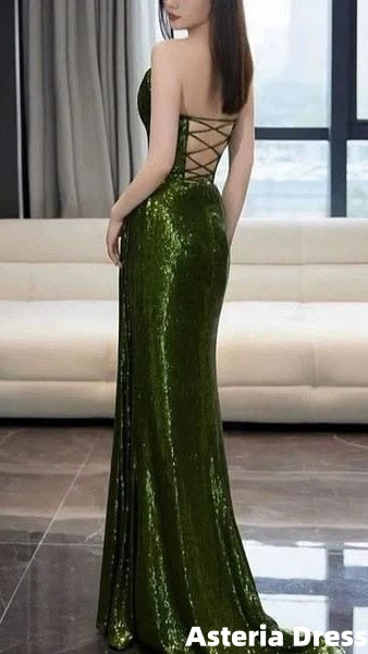 Classic Green Strapless Mermaid Prom Dress Sequins Evening Formal Gown With Slit