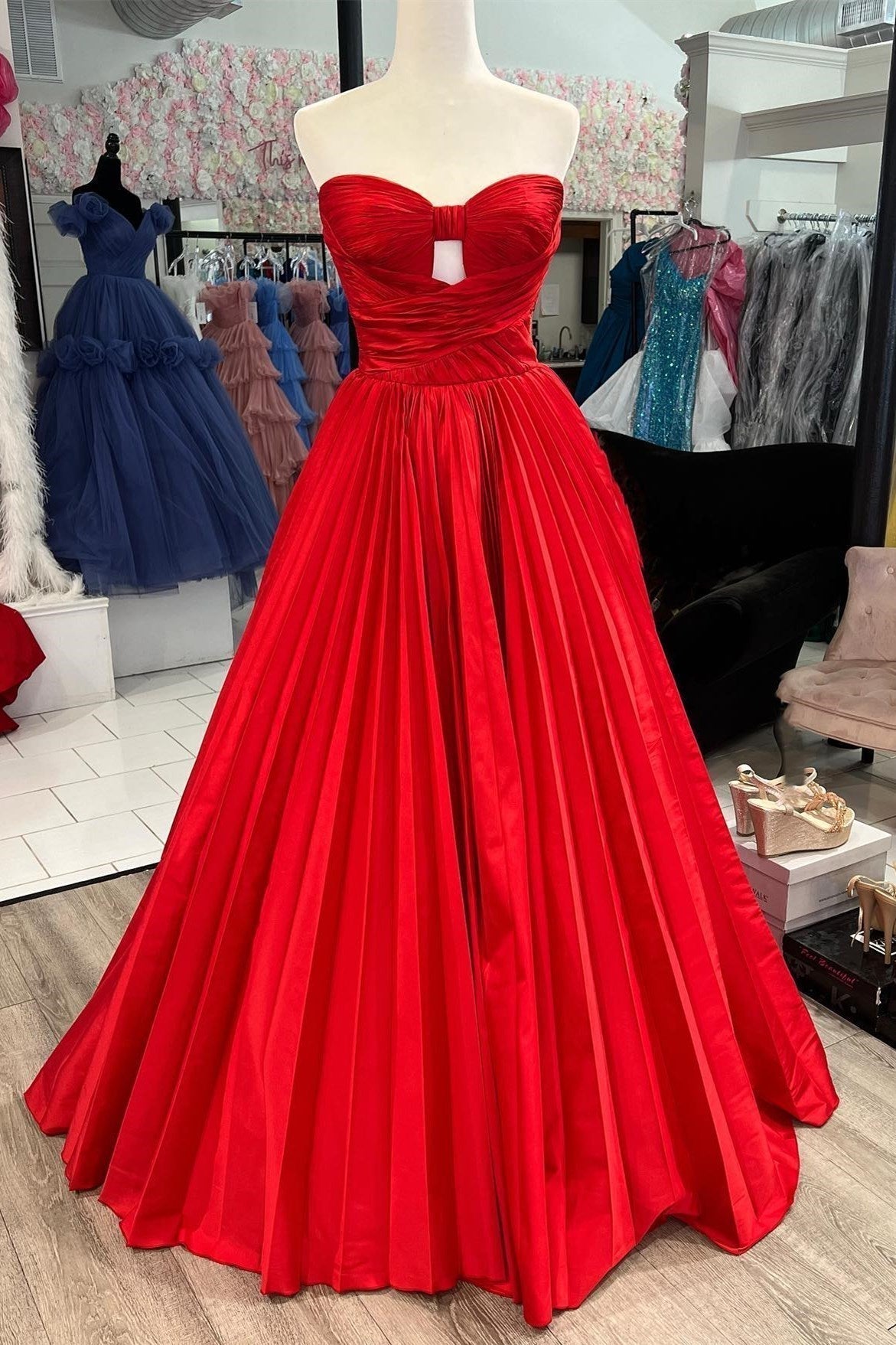 Strapless Hot Pink Ruched Keyhole A-line Prom Dress
