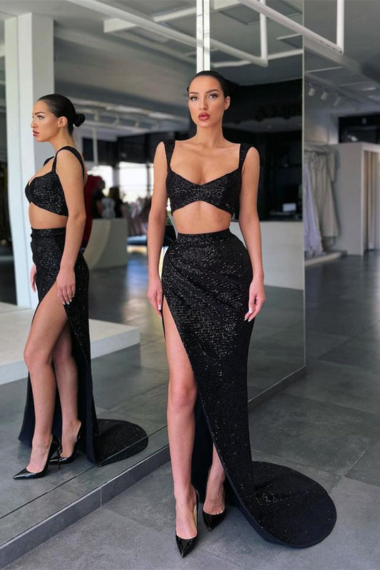 Black Two Pieces Mermaid Straps Sequin Prom Dress with High Slit