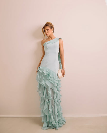 Flowy Mint Green One Shoulder Prom Dress Sleeveless withes