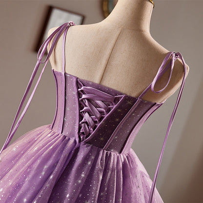 Purple Tulle Spaghetti Straps Tea Length Homecoming Dress, AST1076