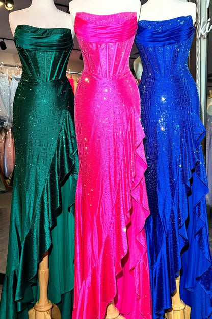 Light Blue Strapless Mermaid Prom Dress with Lace Up Back Beaded Details and Leg Slit