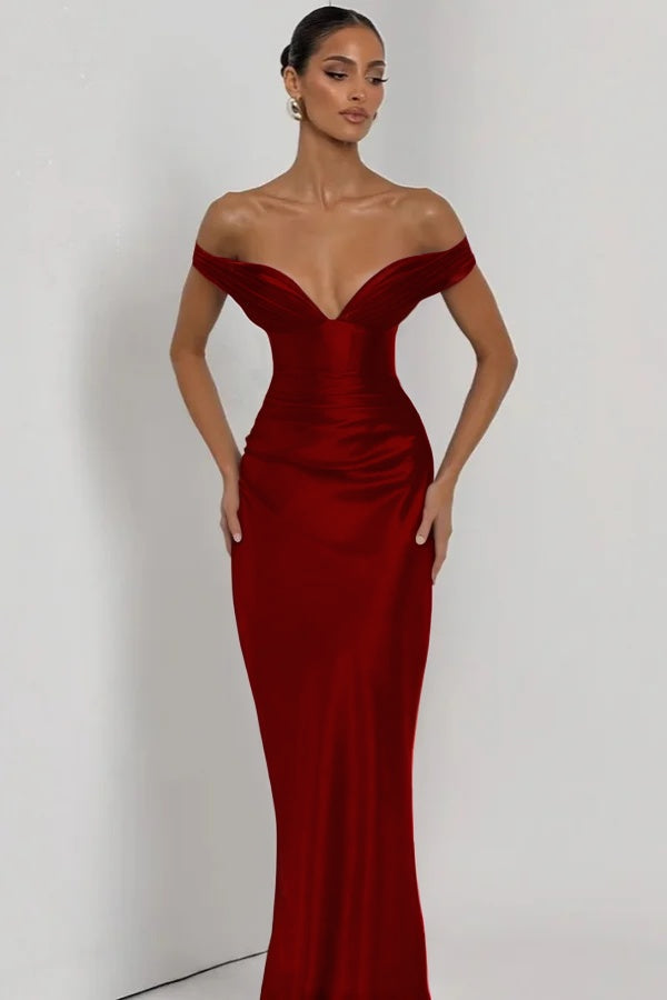 Simple Dark Nvay Off-the-Shoulder Prom Dress Sleeveless Slimming Satin