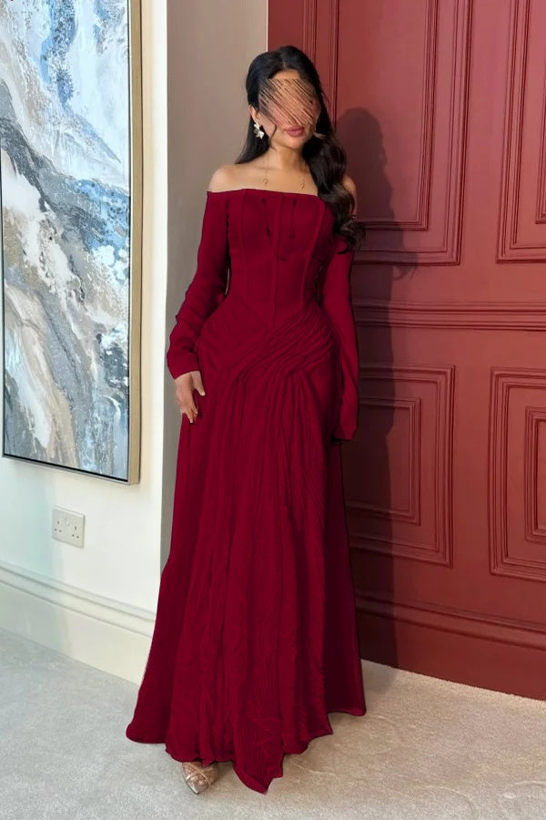 Lovely White Off-the-Shoulder Prom Dress Long Sleeves with Pleated