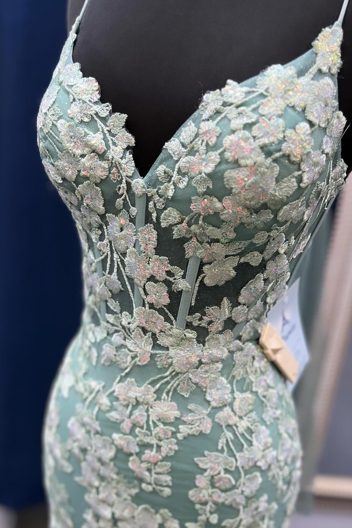Straps Sage Green Lace Appliques Mermaid Long Prom Dress