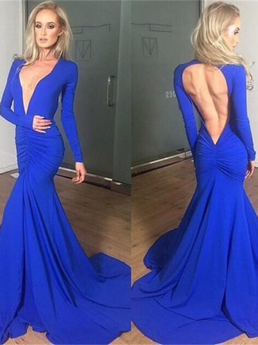 Royal Blue V-Neck Long Sleeves Mermaid Prom Dress