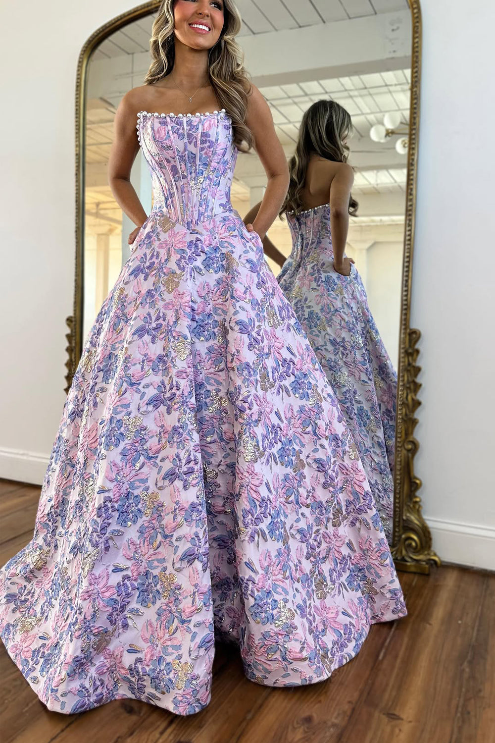 Cute A Line Scoop Neck Jacquard Satin Prom Dress with Pearls