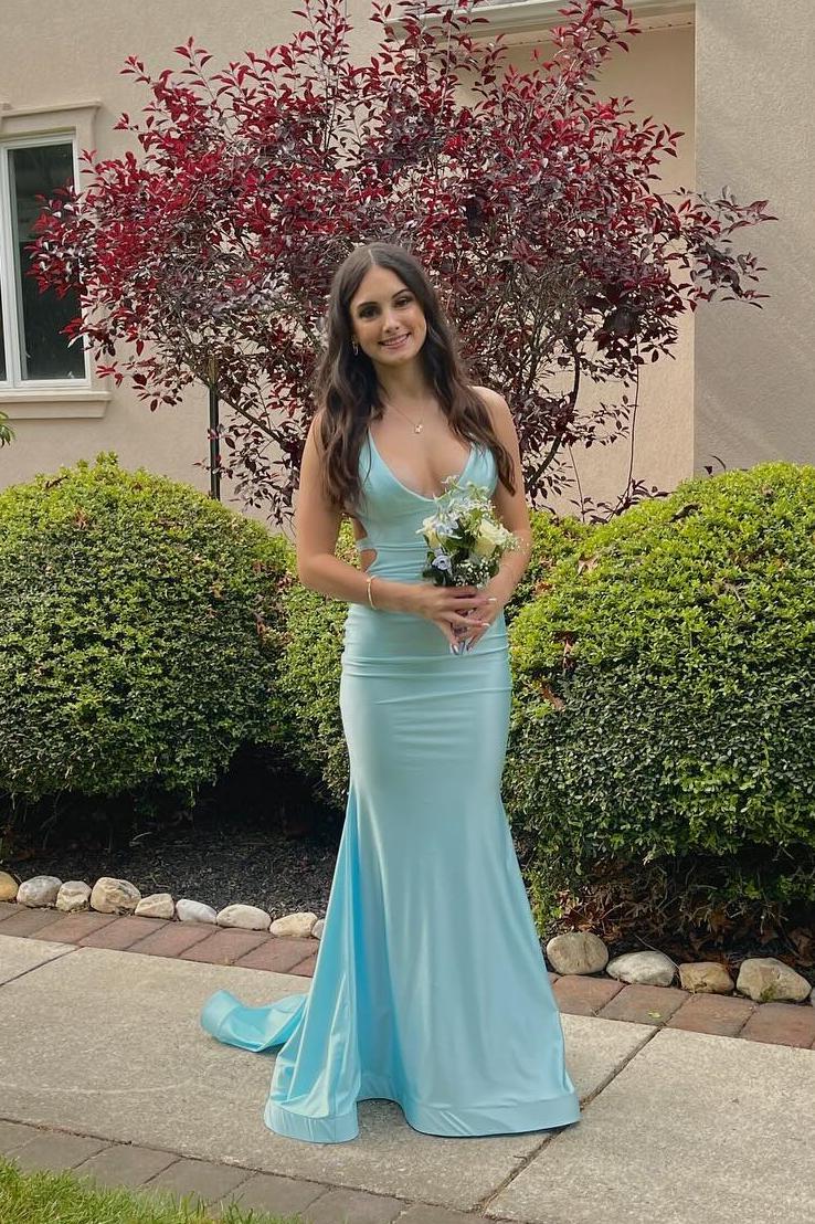 V Neck Blue Mermaid Long Formal Dress