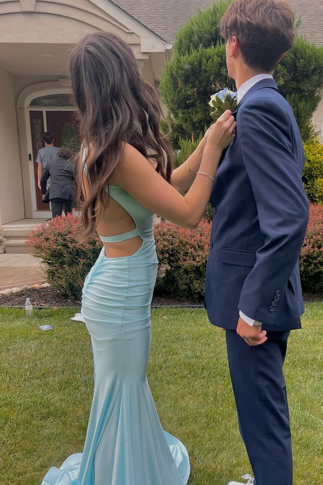 V Neck Blue Mermaid Long Formal Dress