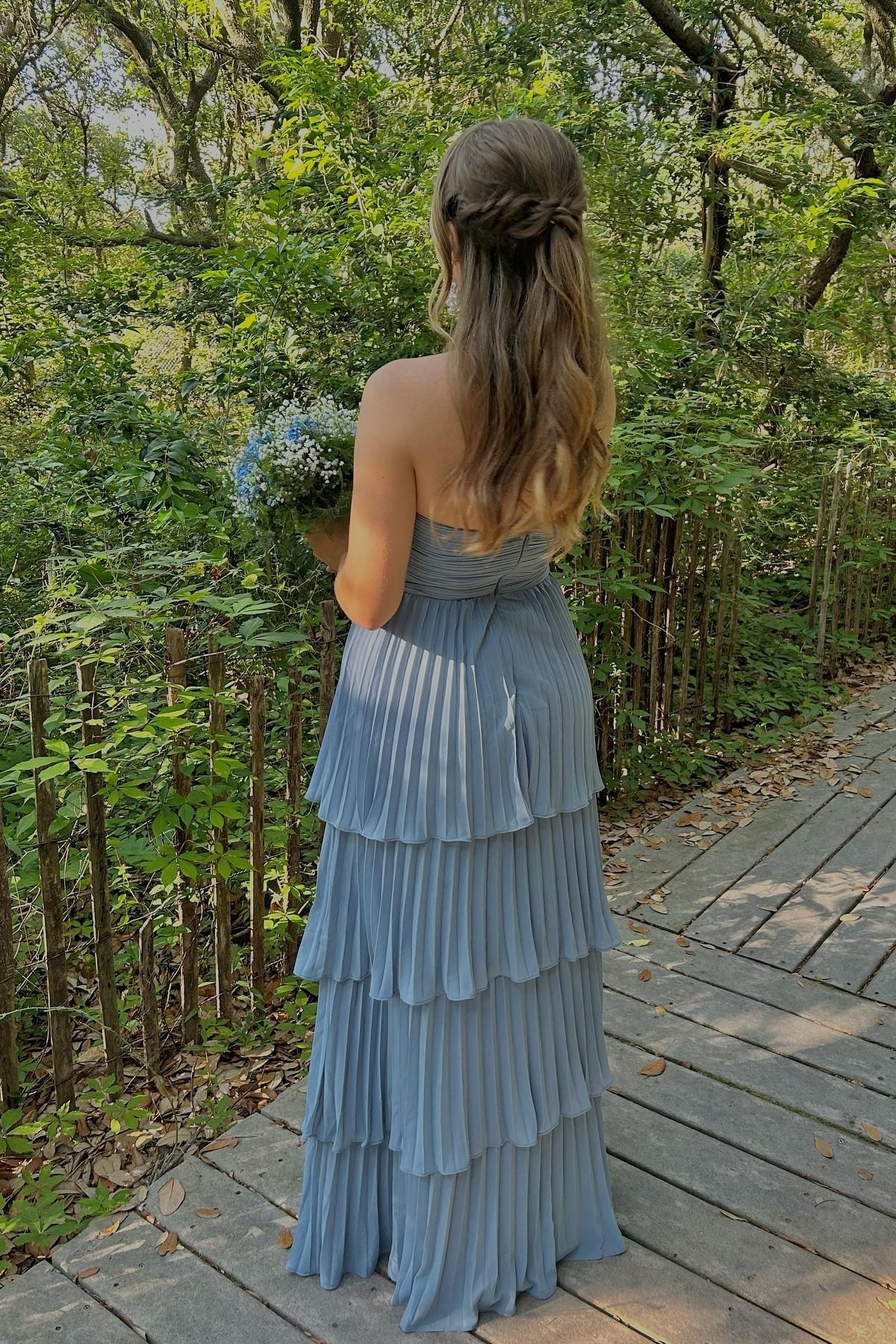 Strapless Pink Chiffon Pleated Tiered Maxi Dress