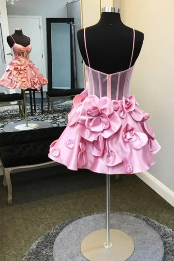 Pink Spaghetti Straps A-Line Homecoming Dress with 3D Floral, AST1132