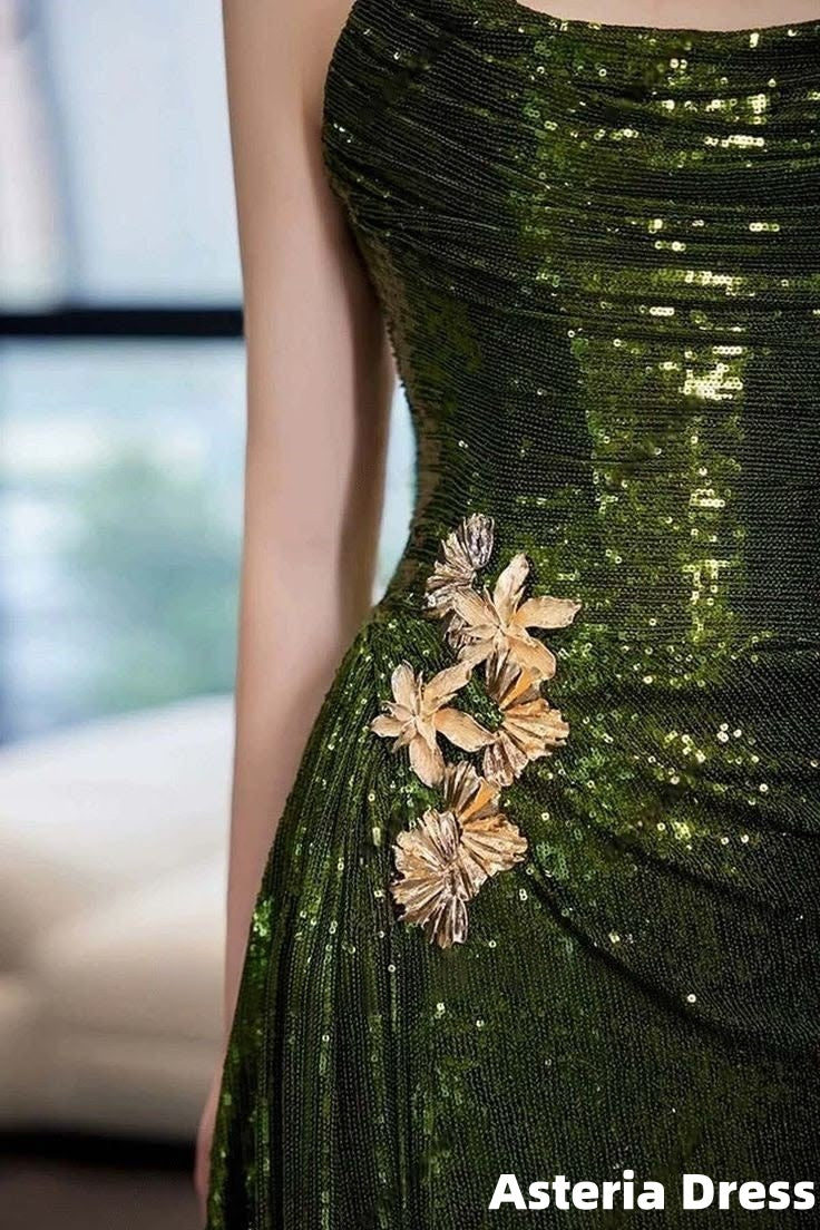 Classic Green Strapless Mermaid Prom Dress Sequins Evening Formal Gown With Slit