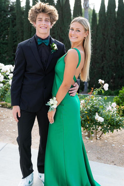 Green Cross Back Long Party Dress