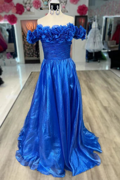 Blue Off the Shoulder A-Line Prom Dress with 3D Floral,AST1238