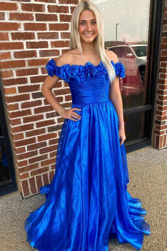 Blue Off the Shoulder A-Line Prom Dress with 3D Floral,AST1238