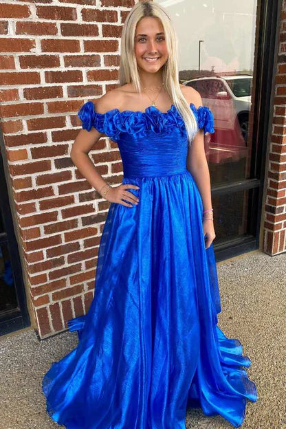 Blue Off the Shoulder A-Line Prom Dress with 3D Floral,AST1238