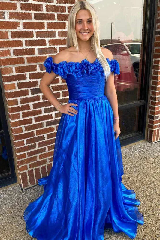 Blue Off the Shoulder A-Line Prom Dress with 3D Floral,AST1238