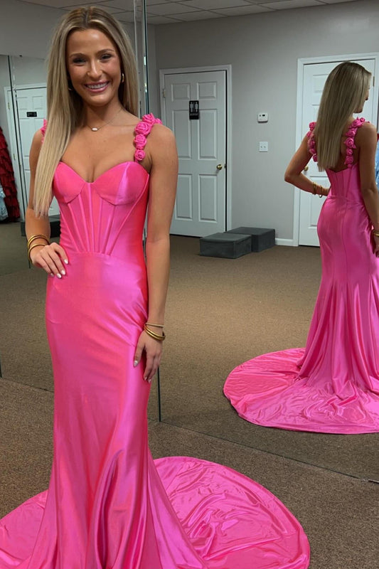 Handmade Flowers Straps Hot Pink Satin Mermaid Prom Dress