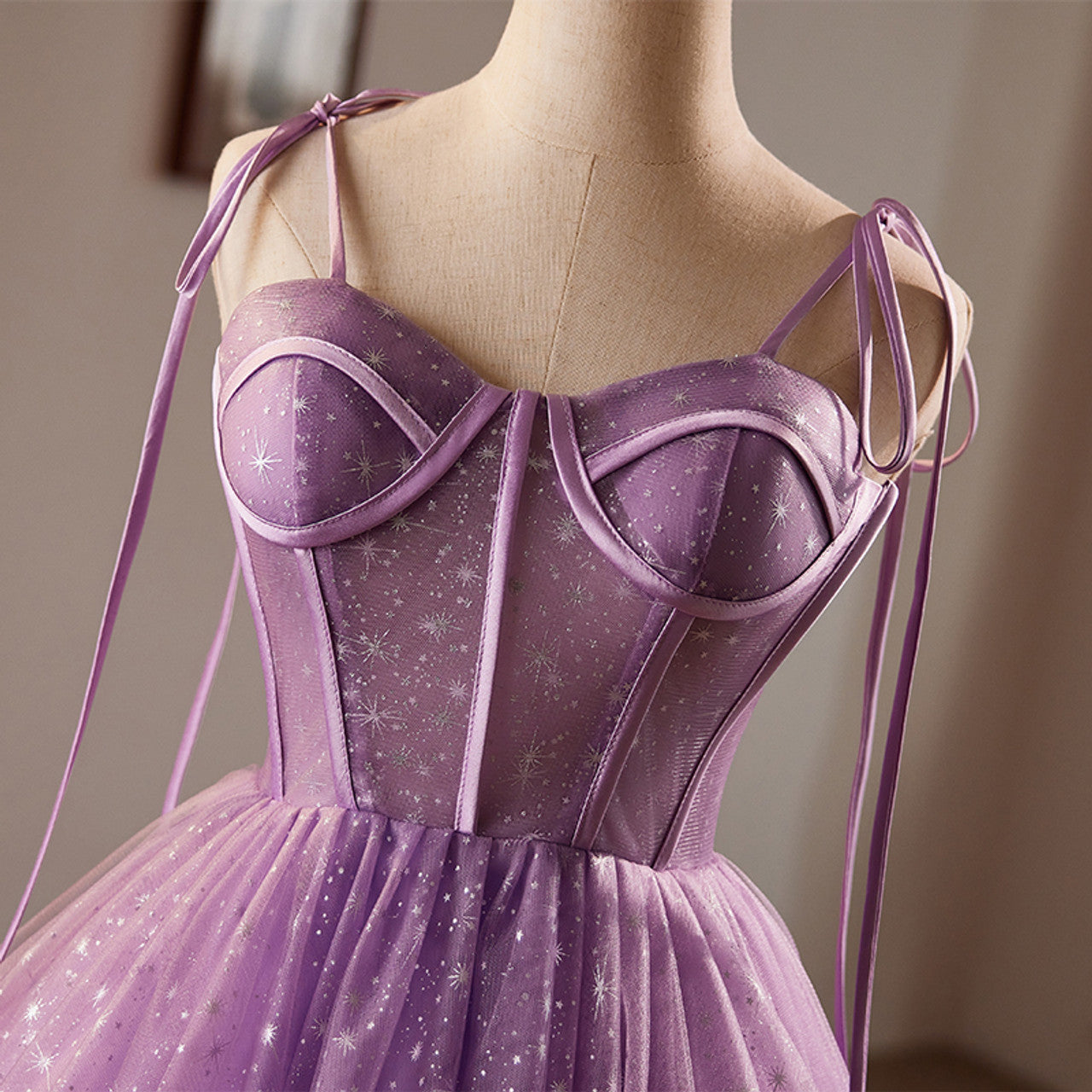 Purple Tulle Spaghetti Straps Tea Length Homecoming Dress, AST1076