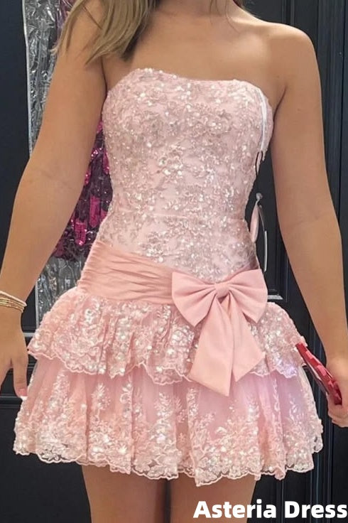 Sweet Pink Applique Lace Homecoming Dress Strapless Ruffle Birthday Party Dresses