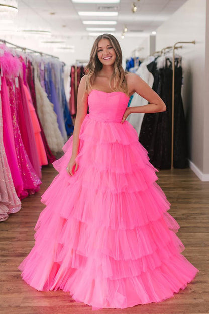 Pink Sweetheart Ruffle Tiered Long Prom Dresses