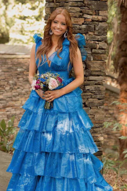 Blue V-Neck Tiered A-Line Long Prom Dress with Bow Tie Straps,AST1250