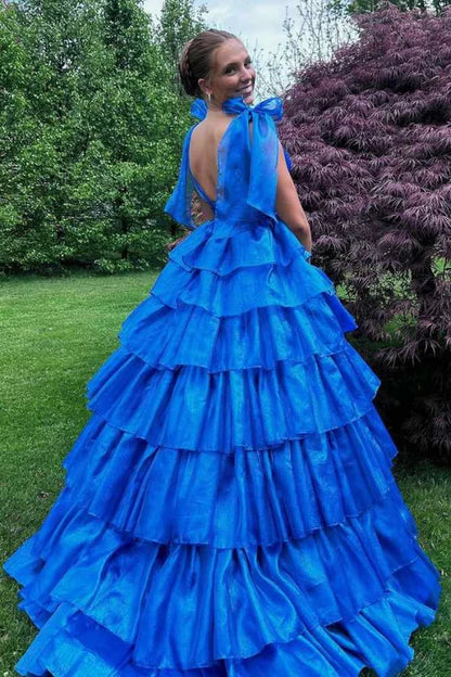 Blue V-Neck Tiered A-Line Long Prom Dress with Bow Tie Straps,AST1250