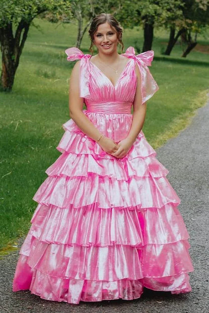 Blue V-Neck Tiered A-Line Long Prom Dress with Bow Tie Straps,AST1250