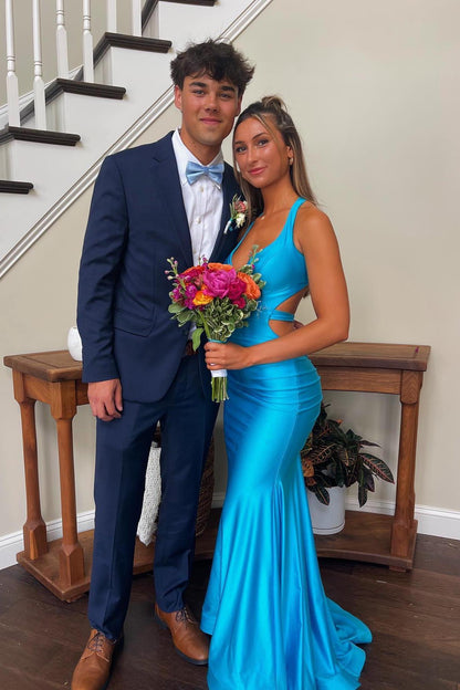V Neck Blue Mermaid Long Formal Dress